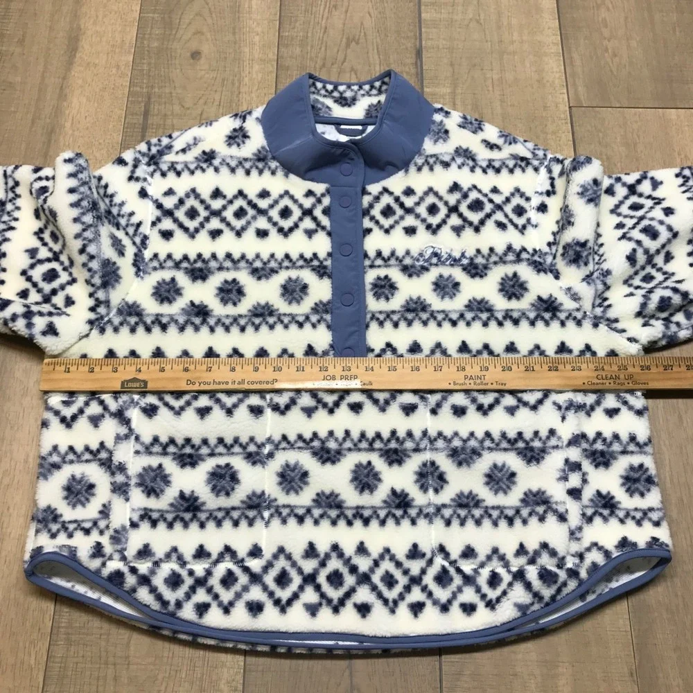 VS PINK Jacket Womens Size‎ XL Blue Sherpa Fair Isle Plush Teddy Snap Pullover